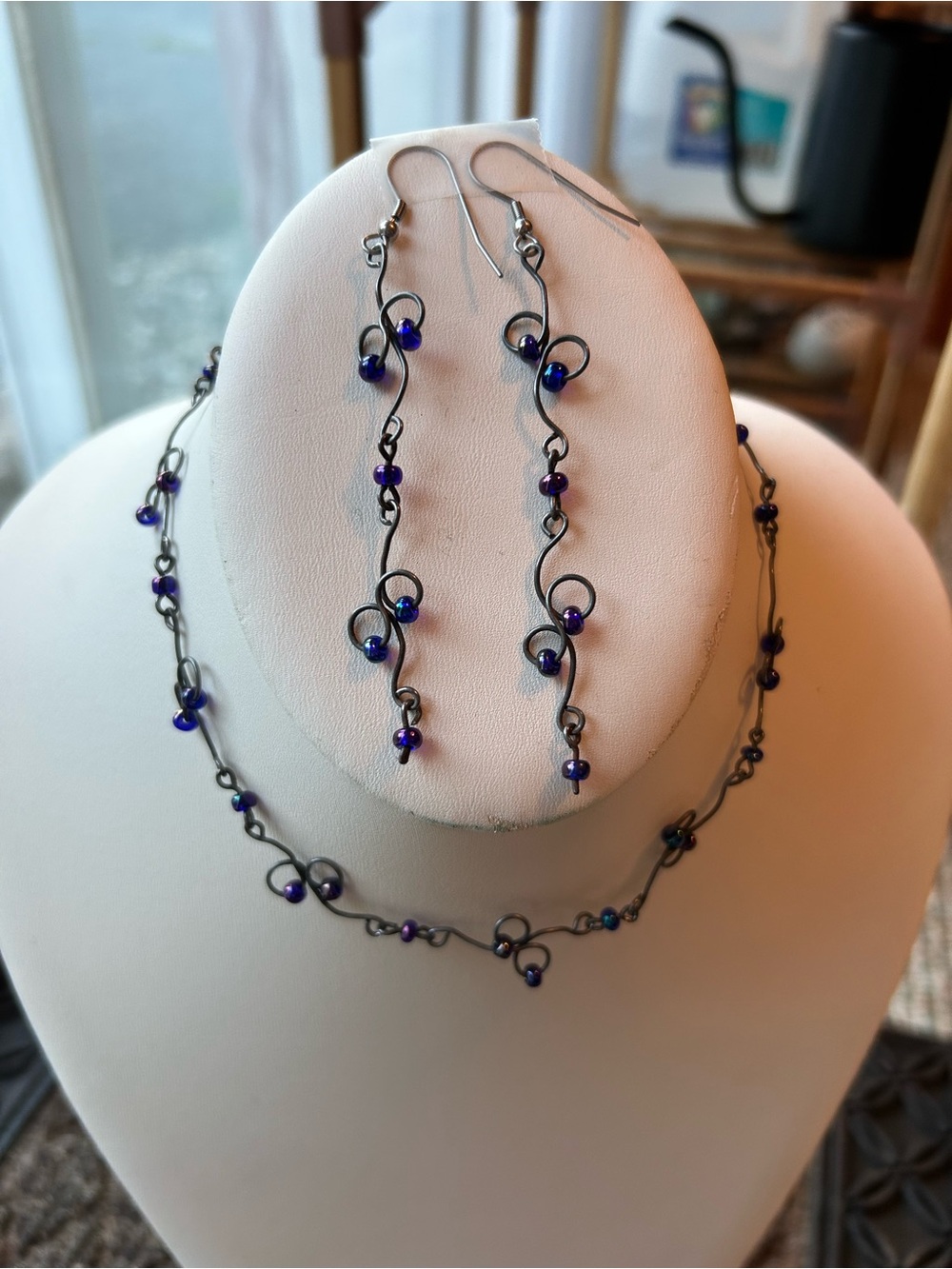 Vintage Handcrafted Cobalt Blue Purple Bead Filigree Necklace & Earrings Set